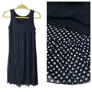 Mouth Valley Navy Blue Polka Dot Mesh Overlay Dress Empire Waist Size US Small